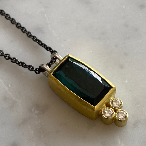 Blue Tourmaline & Diamond cushion pendant