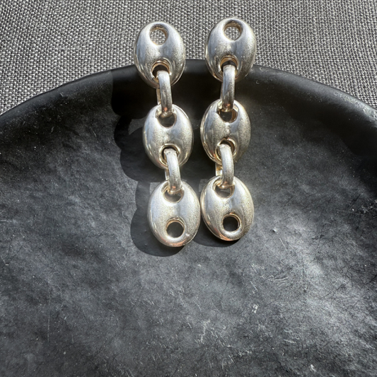 Puffed Mariner XL Triple Link Earrings Silver