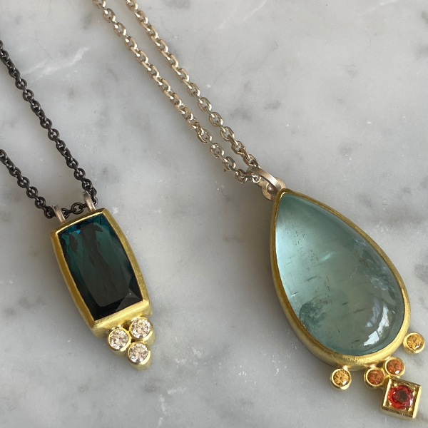 Blue Tourmaline & Diamond cushion pendant