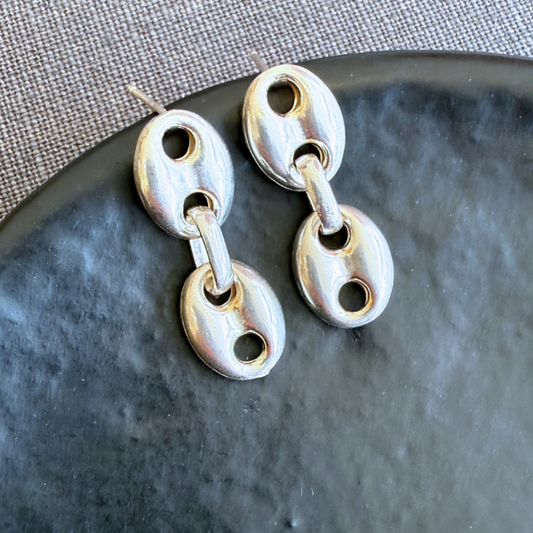 Puffed Mariner XL Double Link Earrings Silver