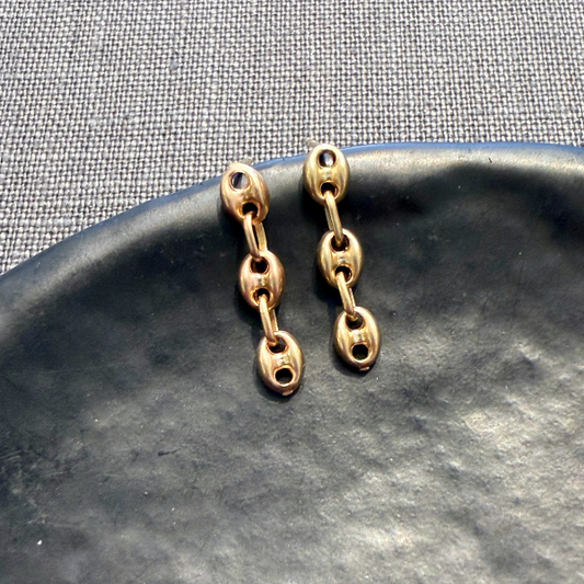 Puffed Mariner Triple Link Earrings Gold