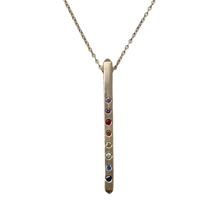 Rainbow Sapphire Bar Pendant in 14k Gold