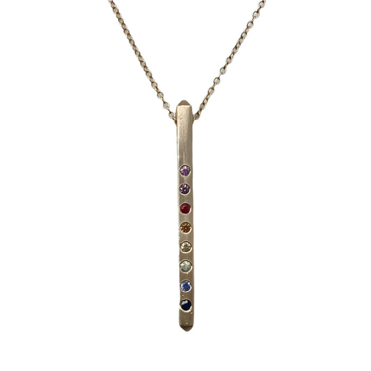 Rainbow Sapphire Bar Pendant in 14k Gold