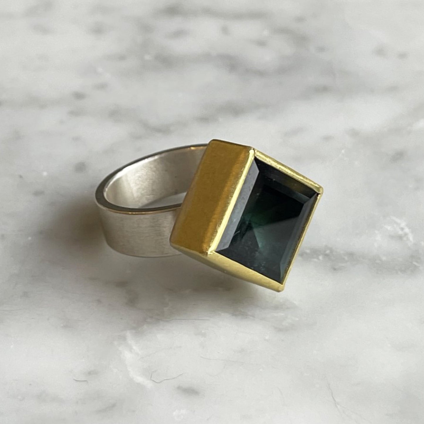 Blue Green Tourmaline Square Ring