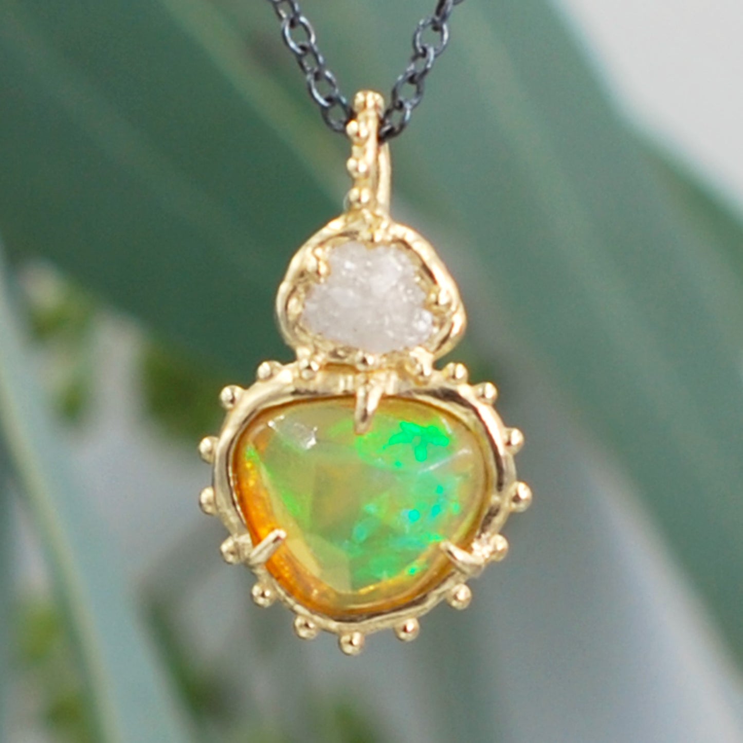 Opal and Raw Diamond Pendant
