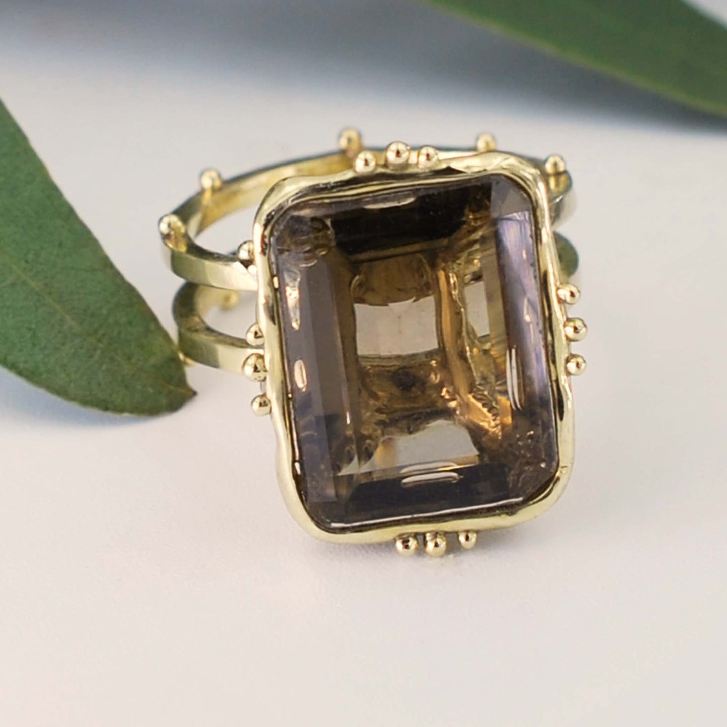 Smokey Quartz Cocktail Ring on Double Dotted Band