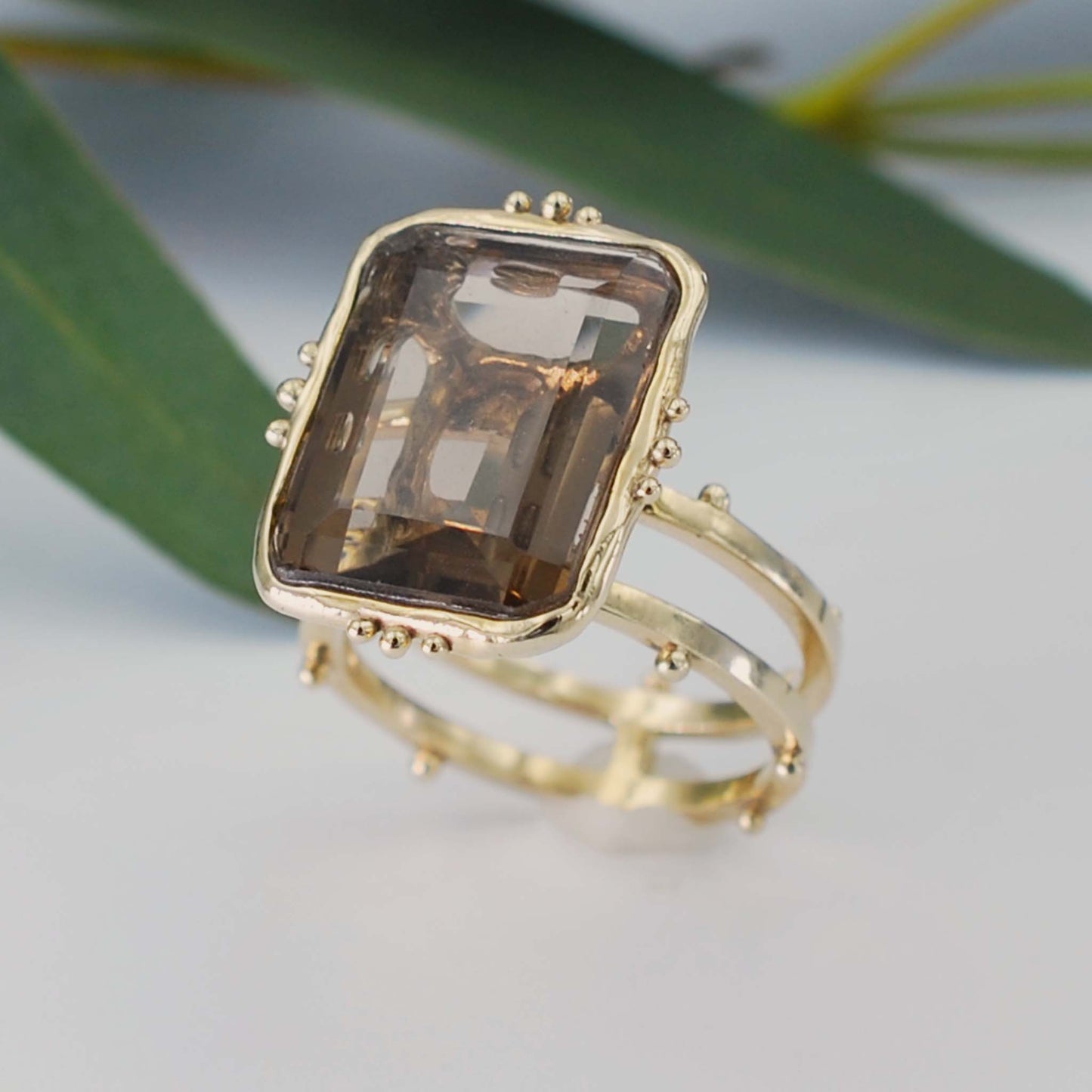Smokey Quartz Cocktail Ring on Double Dotted Band