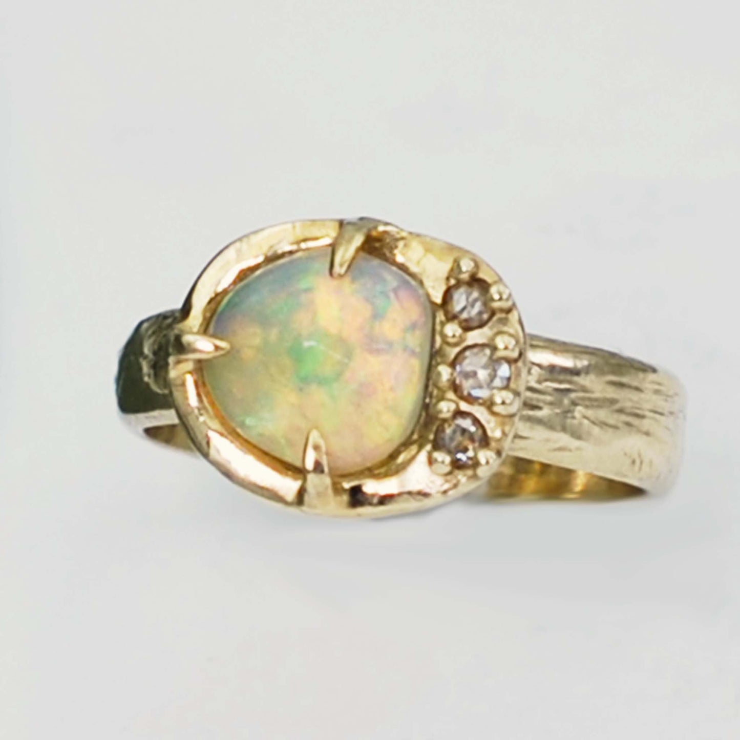Opal and Diamond Cocktail Ring with Scratched Band