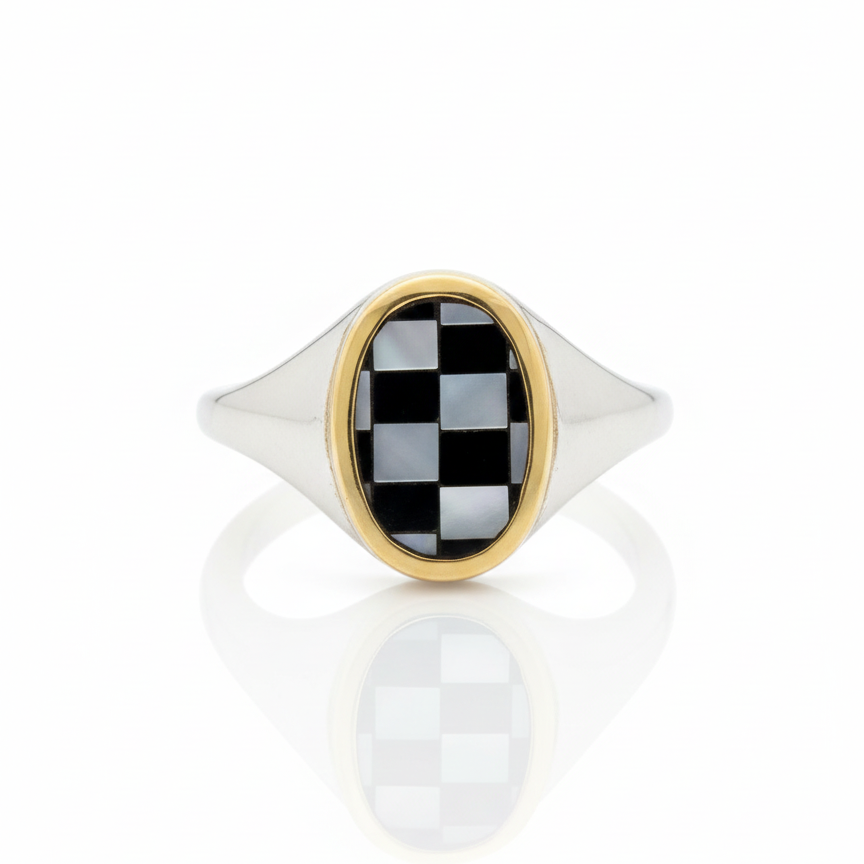 Orb Checker Signet ring with 14k yellow gold and silver