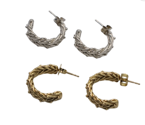 Herringbone Granule Hoops Small - Silver