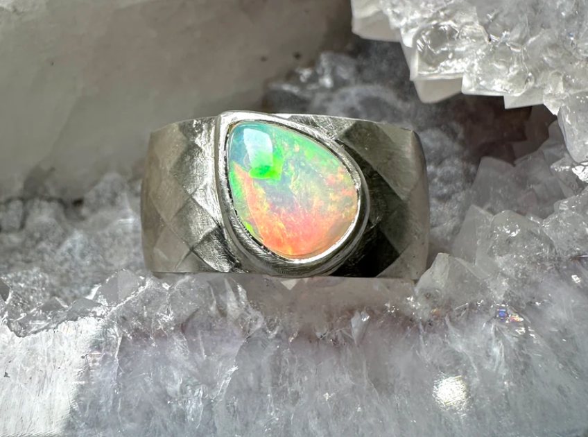 Ethiopian Opal Wide Band Ring Size 9