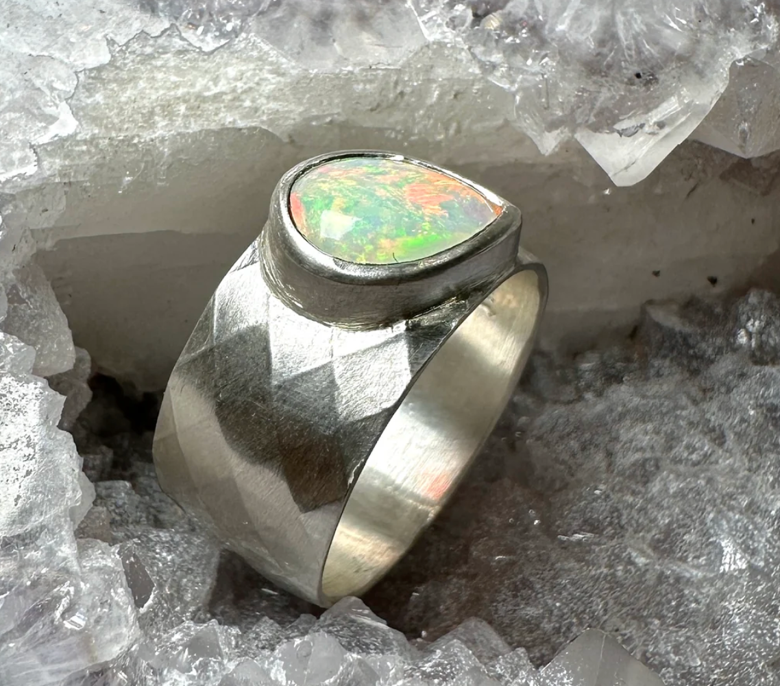 Ethiopian Opal Wide Band Ring Size 9