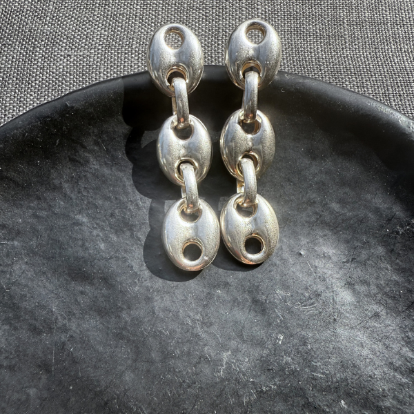 Puffed Mariner XL Triple Link Earrings Silver