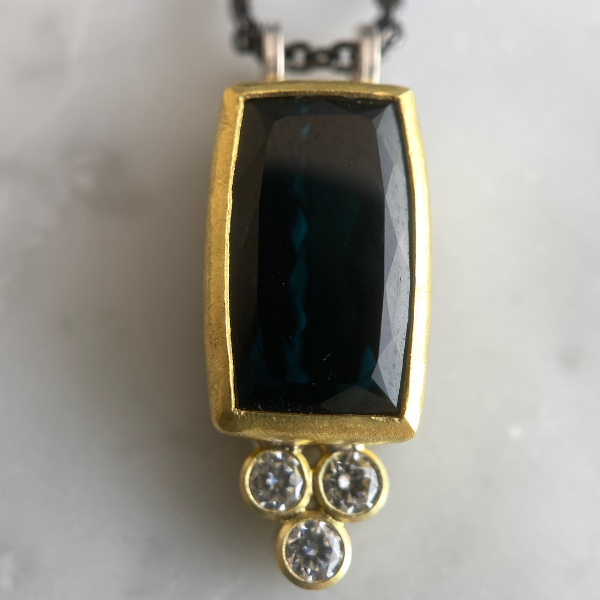 Blue Tourmaline & Diamond cushion pendant