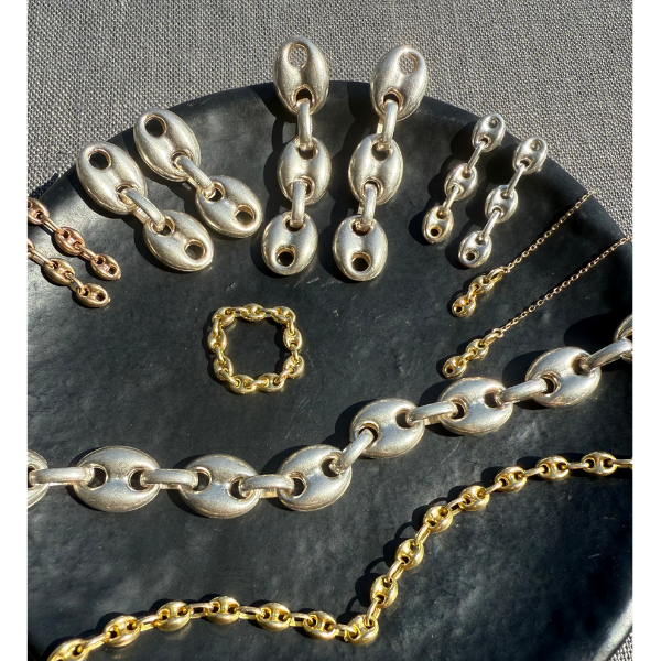 Puffed Mariner XL Triple Link Earrings Silver