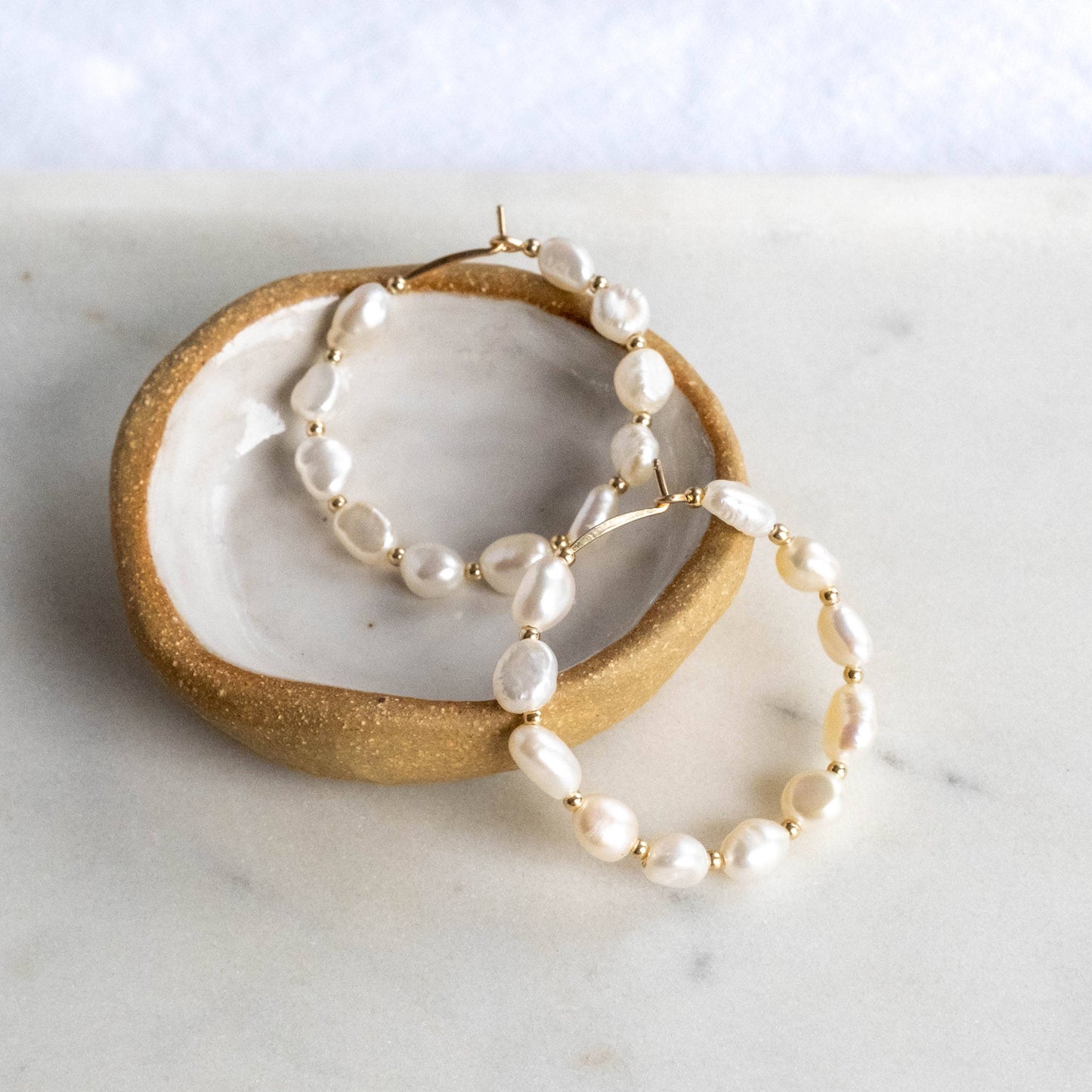 Ouroboros Pearl Gold Bead Hoops