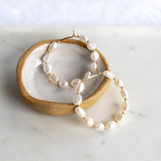 Ouroboros Pearl Gold Bead Hoops