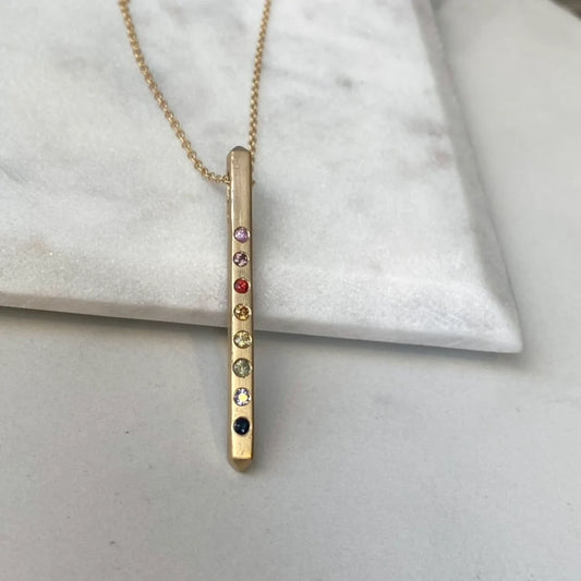 Rainbow Sapphire Bar Pendant in 14k Gold