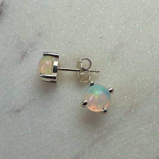 Ethiopian Opal Cabochon Stud Earrings: 4 Prong Settings