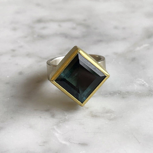 Blue Green Tourmaline Square Ring