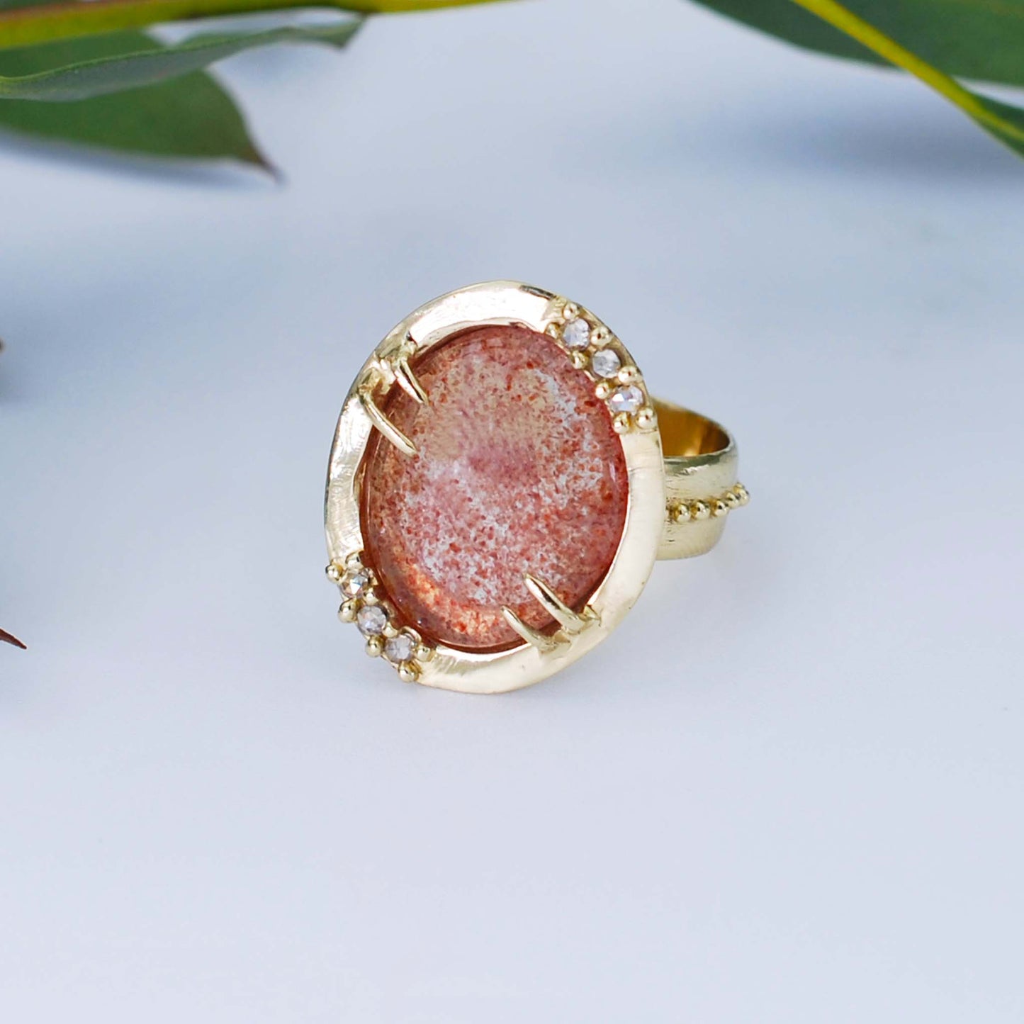 Strawberry Quartz and Diamond Dotted Cocktail Ring