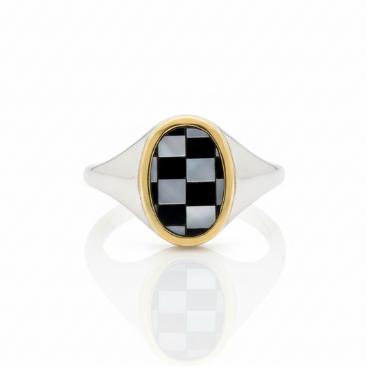 Orb Checker Signet ring with 14k yellow gold and silver