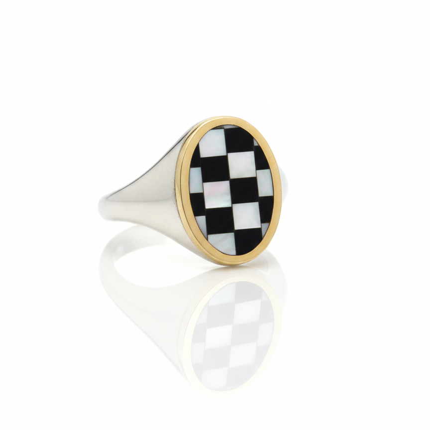 Orb Signet ring with 14k yellow gold and checkerboard inlay