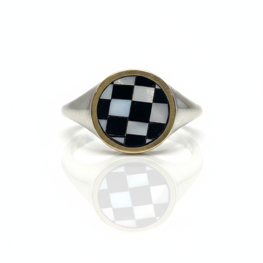 Orb Signet ring with 14k yellow gold and checkerboard inlay