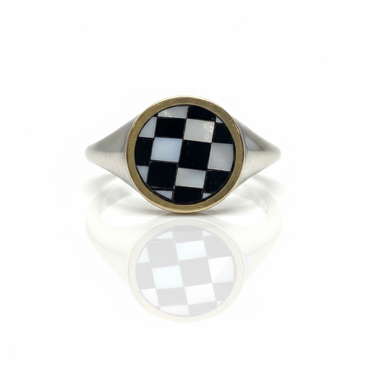 Orb Signet ring with 14k yellow gold and checkerboard inlay