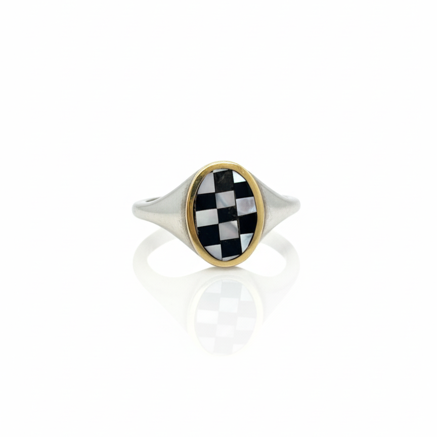 Orb Signet ring with 14k yellow gold and checkerboard inlay