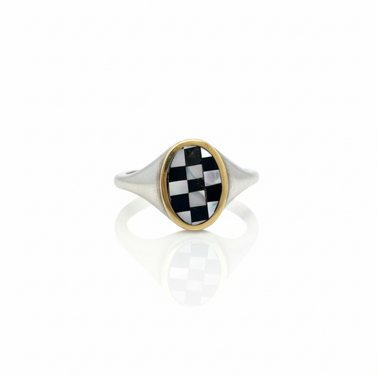 Orb Signet ring with 14k yellow gold and checkerboard inlay